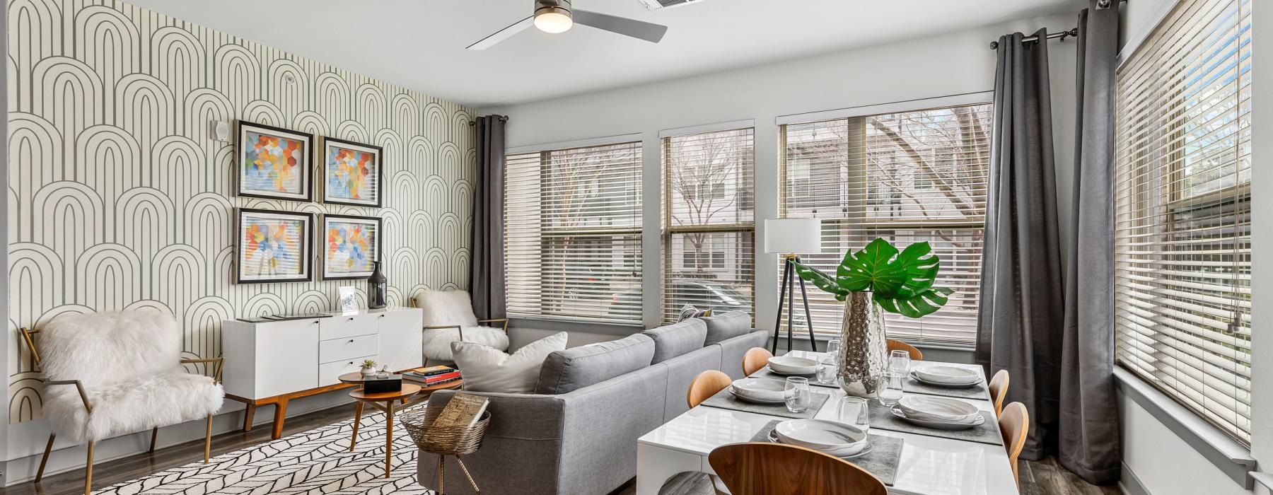 a living room with a couch and a table