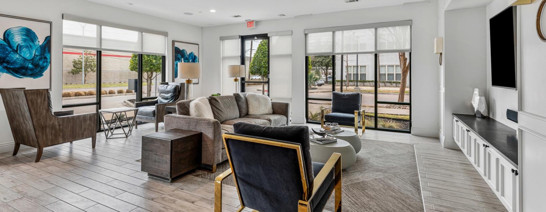 a living room with a large glass door
